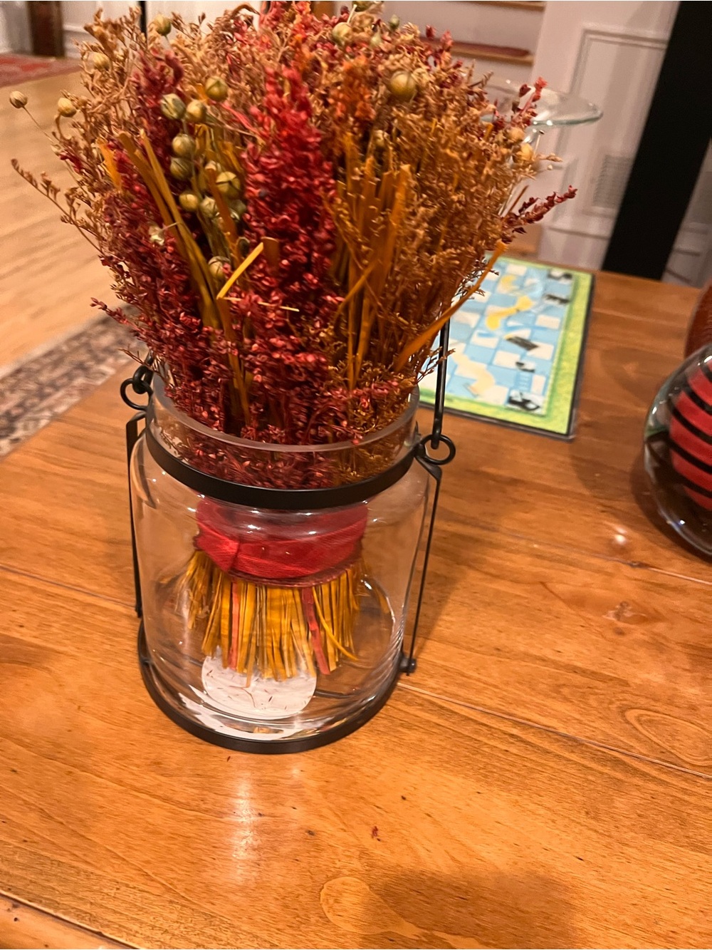 Autumn Tabletop Faux Floral Arrangement in Glass Lantern - Red & Yellow